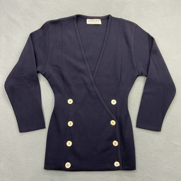 Jaeger Women's 100% Wool Cardigan Blue/Navy, Double Button Front Wrap Style 32in - Picture 1 of 8